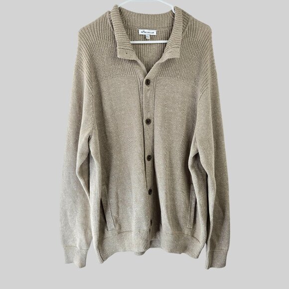 Peter Millar Cardigan Large Tan Knit Merino Wool Linen Preppy Button Up Sweater - Picture 1 of 14